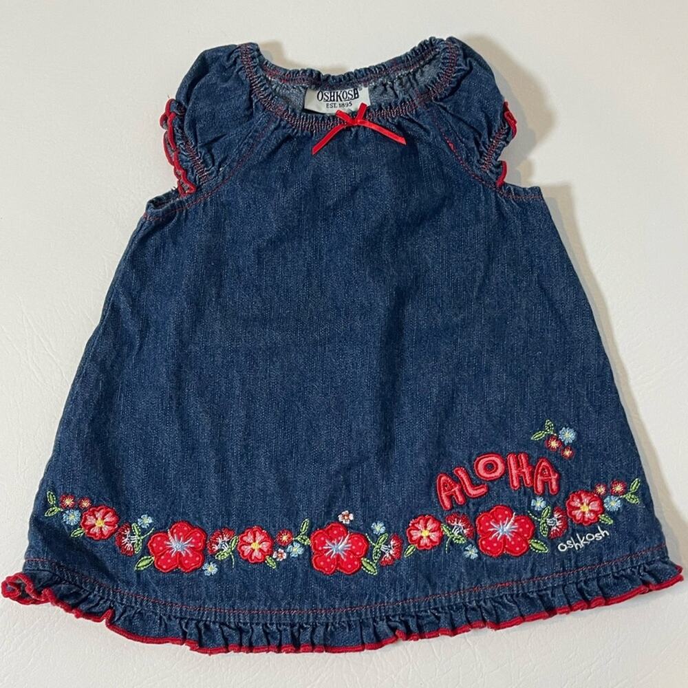 OshKosh Baby Girl Size 12 Month Denim Dress Flower and Aloha Embroidered